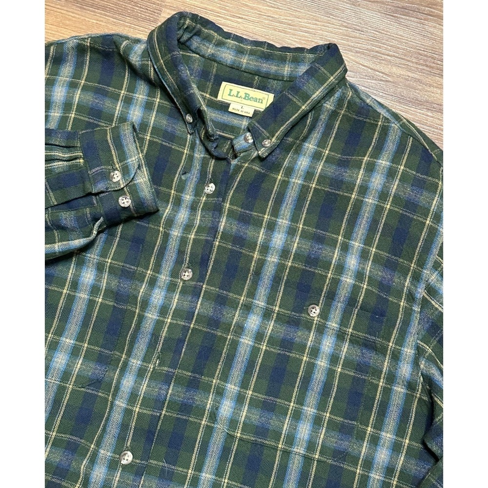 VTG LL Bean 100% Wool Flannel Shirt Green Plaid Made in USA Button Down Sz L